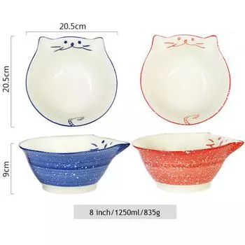 8-дюймовая миска с изображением котенка, керамическая миска для лапши, большая миска для рамена, китайская столовая посуда для ресторана, суп-салатница для кошек Maneki Neko красный