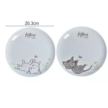 8-дюймовая мультяшная тарелка с котом, керамическая тарелка для обеда, десертная тарелка для вечеринки, подходит для микроволновой печи