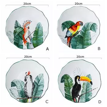 8-дюймовая обеденная тарелка с птицей, глазурованная керамическая посуда с изображением леса, поднос для десерта, сервировочная тарелка с изображением цветка и попугая для пасты, подходит для микроволновой печи