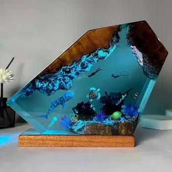 8-дюймовый светильник Ocean Wood Resin Light - многофункциональный ночник, регулируемое свечение, подходит для гостиной, спальни или офиса, прикроватная тумбочка в спальне