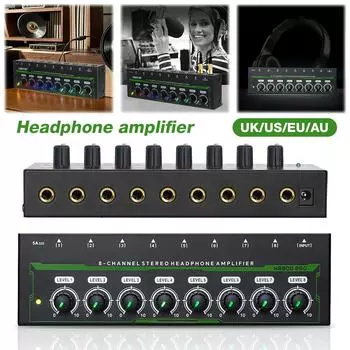 8-канальный ультракомпактный мини-аудио стереомикрофонный усилитель с адаптером питания, стереоусилитель для наушников, портативный разветвитель для наушников US