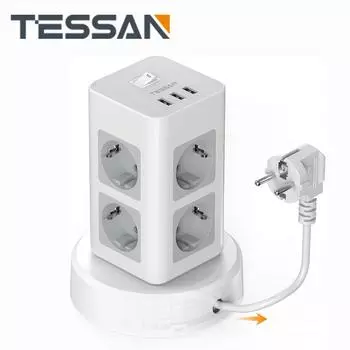 8-контактный удлинитель TESSAN с выдвижным удлинителем, удлинитель с несколькими вилками и удлинителем длиной 2 м для дома 8 Outlet&2 USB-A&1 USB-C серый