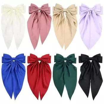 8 Ladies Satin Large White pink Red Blue Black Ribbon bow Oversized bow Long tail hair clip spring clip ponytail Hair accessorie Size fits all
