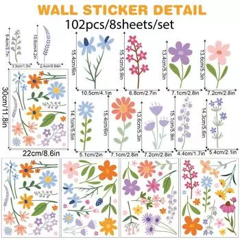 8 листов/102 шт. Съемные наклейки на стену с цветами, Мультяшные цветы, Наклейки на окна, Детская комната
