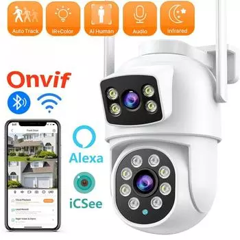 8-мегапиксельная камера наблюдения с двойным экраном и двумя объективами, Wi-Fi, цветная камера ночного видения с искусственным интеллектом, автоматическое отслеживание облака, уличная беспроводная камера безопасности