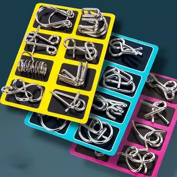 8 металлических игрушек-головоломок Развяжите кольцо Кнопка интеллекта Полный набор Развяжите разблокируйте и распакуйте Игрушки интеллекта жёлтый