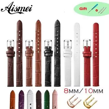 8 мм 10 мм женский тонкий ремешок из натуральной кожи для девочек, качественные аксессуары для часов, ремень Slub, ремешок для часов, розовое золото, пряжка 14mm