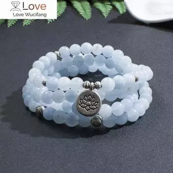 8 мм аквамарин 108 мала бисерный браслет йога джапамала четки ювелирные изделия с эластичным шнуром оберточный браслет для женщин