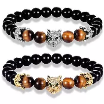 8 мм камень ручной работы плетеный эластичный браслет мужские циркон голова волка бисером браслеты для йоги чёрный
