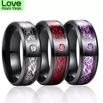 8 мм мужское черное красное кольцо из нержавеющей стали с викингами, драконом и синим кубическим цирконием, обручальное кольцо со скошенным краем, удобная посадка 6