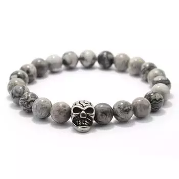 8 мм титановая сталь серебряный череп бисерный браслет для мужчин и женщин натуральный тигровый глаз вулканический камень шарм браслеты Pulseras