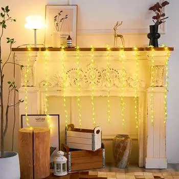 8 Modes Curtain String Lights, Fake Willow Leaves Fairy Lights Battery Operated with Remote, for Home, Bedroom Wall Hanging зелёный