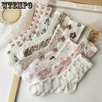 8 пар ярких носков с литературным цветочным принтом - носки средней длины с цветочным принтом в стиле ретро-дворца для женщин, базовые вещи для осени и зимы One-size