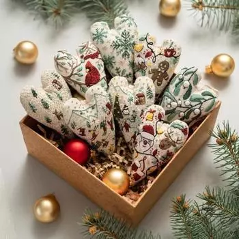 8 Pcs Christmas Embroidery DIY Kit Heart Shape Pendant Embroidery Material Package Finished Handmade Christmas Ornament Embroidery Complete A