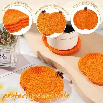 8 PCS Crochet Pumpkins Handmade Knitted Drink Set Drink Cup Pad Mats Absorbent Bottle Mug Place Mats Table Fall Thanks One Size