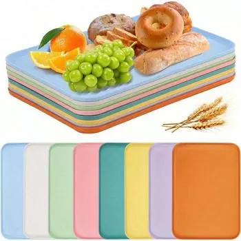 8 Pcs Large Wheat Straw Tray Set, 15 x 10.6 Fast Food Serving Tray, Unbreakable Lightweight Dinner Dishes, Plastic Art Trays Activity Tray Crafts