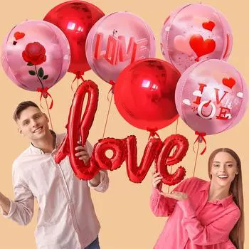 8-piece Set of Red Love Conjoined Letter Aluminum Foil Balloons and Pink Red Valentine s Day 4D Aluminum Foil Circular Balloons