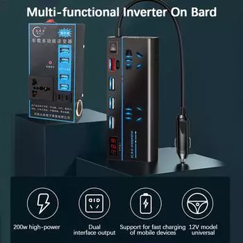 8 портов розетки автомобильный инвертор USB/PD/Type-C зарядные устройства QC 3.0 адаптер питания переключатель ВКЛ/ВЫКЛ DC 12V/24V в AC 110V/220V преобразователь 200W