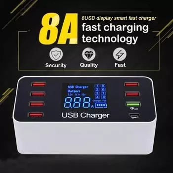 8-портовое USB-зарядное устройство QC3.0, быстрая зарядка типа C, интеллектуальная зарядная станция, ЖК-цифровой дисплей, многопортовый USB-порт
