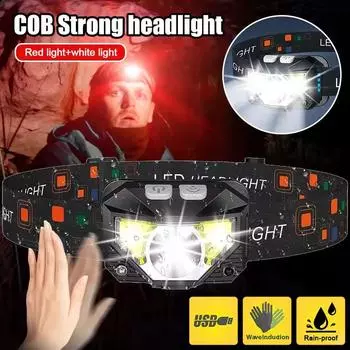 8 режимов Handfress датчик движения мощный светодиодный налобный фонарь налобный фонарь COB фонарик налобный фонарь для кемпинга, рыбалки 1PCS