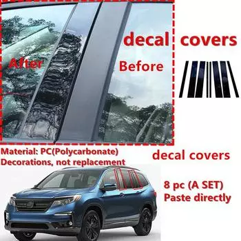 8 шт., автомобильные глянцевые черные стойки, дверные наклейки, наклейки для Honda Pilot Ridgeline 2016-2022