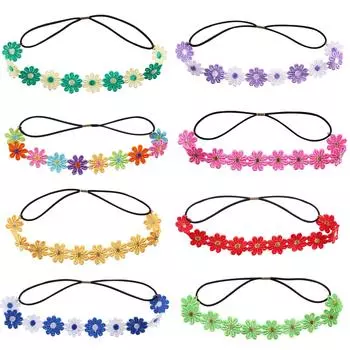 8 шт. Аксессуары для костюма хиппи Повязка на голову с цветком ромашки 60-е 70-е Наряды для женщин девушек Корона из подсолнухов Повязка для волос