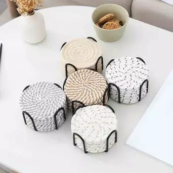 8 шт. хлопчатобумажные подставки, впитывающие подставки под напитки, набор с металлическим держателем, круглые салфетки для защиты стола, домашний декор 8pcs