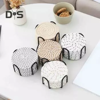 8 шт. хлопчатобумажные подставки, впитывающие подставки под напитки, набор с металлическим держателем, круглые салфетки для защиты стола, домашний декор 8pcs светло-коричневого