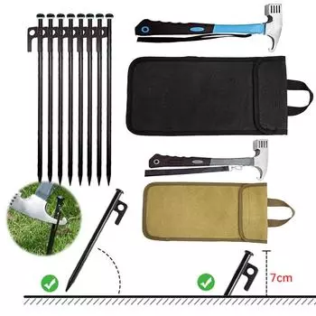 8 шт. колышков для палатки, кованые стальные колышки для палатки, прочные небьющиеся колышки для палатки 30 см с сумкой для хранения и молотком для кемпинга на открытом воздухе чёрный