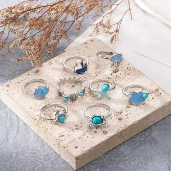 8 шт./компл. набор женских колец на тему океана, краб, ракушка, форма медузы, полированная гладкая нержавеющая сталь, подарок на день рождения, ювелирные изделия на костяшке безымянного пальца Sets