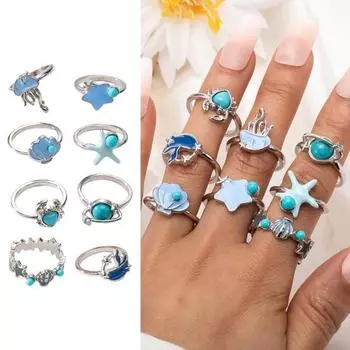8 шт./компл. набор женских колец на тему океана, краб, ракушка, медуза, полированная, гладкая нержавеющая сталь, на день рождения
