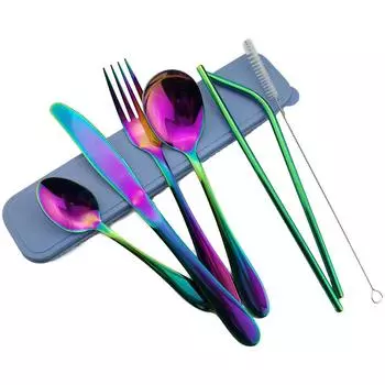 8 шт./компл. Радужный набор столового серебра, набор столовой посуды, нож/вилка/чайная ложка из нержавеющей стали, соломинки с 1 кистью, 1 коробка, многоразовая металлическая соломинка
