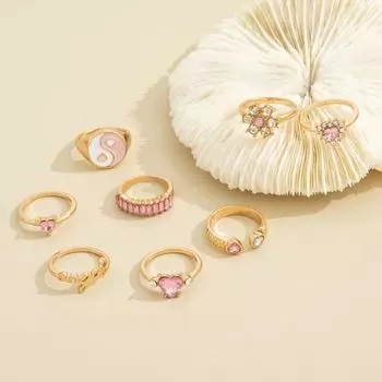 8 шт./компл. женское блестящее кольцо со стразами на палец в форме сердца, цветка и буквы, штабелируемое кольцо, ювелирные изделия, подарочные аксессуары золотистый