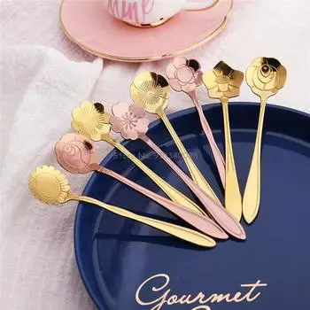 8 шт. креативная кофейная ложка из нержавеющей стали, цветная ложка для помешивания молока, десертная ложка для мороженого, столовая посуда, цветочный дизайн серебряный