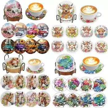 8 шт./набор подставок под стаканы с розовой росписью и держателем Подставки под стаканы своими руками для начинающих и взрослых, товары для творчества и рукоделия Подарки 8PCS/Set