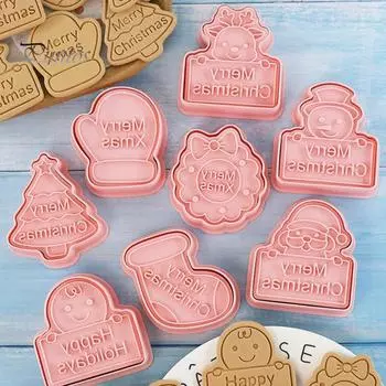 8 шт. Набор рождественских формочек для печенья 3D Мини-штампы для выпечки DIY Пресс-формы для детей Рождественская елка Снеговик Санта Снежинка Веселое Рождество Праздничный розовый