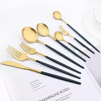 8 шт., набор столовых приборов с черной ручкой, золотой нож, чайная вилка, ложка, набор столовых приборов, матовая кухонная посуда, комплект посуды из нержавеющей стали