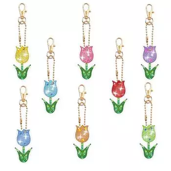 8 шт. наборы брелков для ключей «сделай сам» с изображением тюльпана и бриллиантами, брелок для ключей с цветочным рисунком и бриллиантами, подвесные драгоценные камни