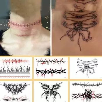 8 шт. наклейки на шею для Хэллоуина, реалистичные татуировки со шрамом и черепом для вечеринки на Хэллоуин, жуткая наклейка для усиления праздничного духа, аксессуары Sets