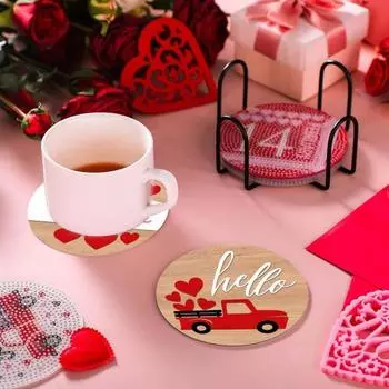 8 шт. подставок ко Дню святого Валентина, деревянные кружки, чашки, подставки для напитков, 4-дюймовые круглые подставки с принтами в виде сердец и гномов для защиты столешницы, кофе Sets