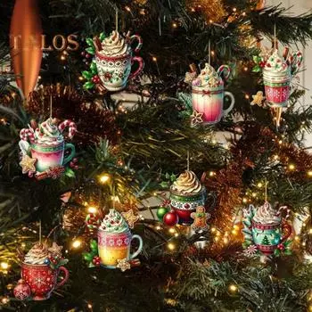 8 шт. Рождественские украшения, подвесные чашки горячего какао-кофе, украшения для рождественской елки, 2D, плоские акриловые украшения для декора елки 8pcs