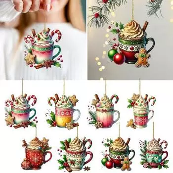8 шт. Рождественские украшения, подвесные чашки горячего какао-кофе, украшения для рождественской елки, 2D, плоские акриловые украшения для декора елки 8pcs