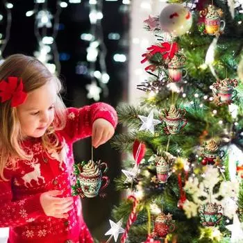 8 шт. Рождественские украшения, подвесные чашки кофе какао, украшения для рождественской елки, 2D, плоские акриловые украшения