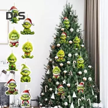 8 шт. Рождественский эльф, подвеска, акриловый зеленый эльф, подвесное украшение с веревкой, кукла-эльф с зелеными волосами, рождественское украшение для дерева, стены, двери, окна A