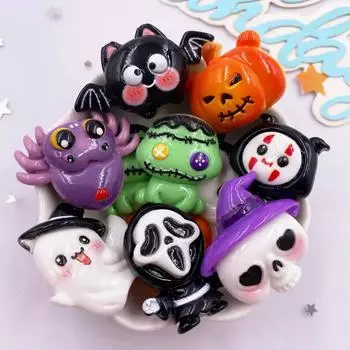 8 шт. смоляные красочные кавайные фигурки паука, летучей мыши, тыквы, медведя, призрака, черепа, плоские каменные фигурки, сделай сам, бант, украшение на Хэллоуин, альбом для вырезок