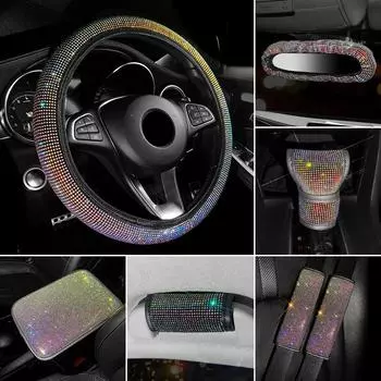 8 шт., женский чехол на руль автомобиля, подлокотник, коврик, ремень безопасности, рычаг переключения передач, чехол на зеркало заднего вида, подголовник, автомобильные аксессуары, набор чёрный