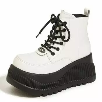 8 см 2024 новые лакированные женские ботильоны из микрофибры на платформе и танкетке, весенние, до колена, модные осенние туфли на толстой подошве 34 бежевый