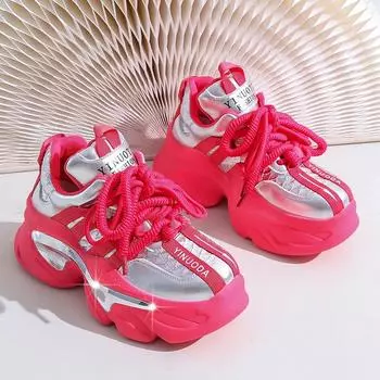 8 см каблуки осенние массивные кроссовки для женщин 2024 платформа спортивная дышащая кожаная обувь женская шнуровка толстая подошва папины туфли 35 чёрный