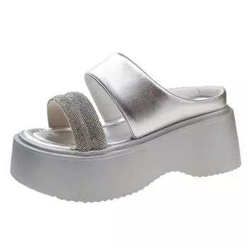 8 см натуральная кожа кристалл женские повседневные туфли на платформе танкетке модные мокасины тапочки женские сандалии со стразами обувь высокого бренда 34 чёрный