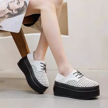 8 см Натуральная кожа Круглый носок Босоножки на платформе Летние С вырезами Женская обувь Слипоны Удобные Женские Горячие На шнуровке Ремешок Zapatos Mujer 33